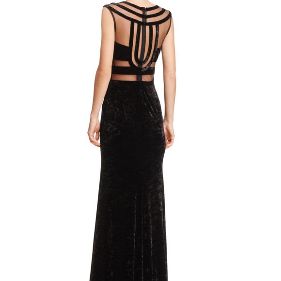 Aqua Mesh-inset Crushed Velvet Black Gown - Size 0 - Picture 2 of 7